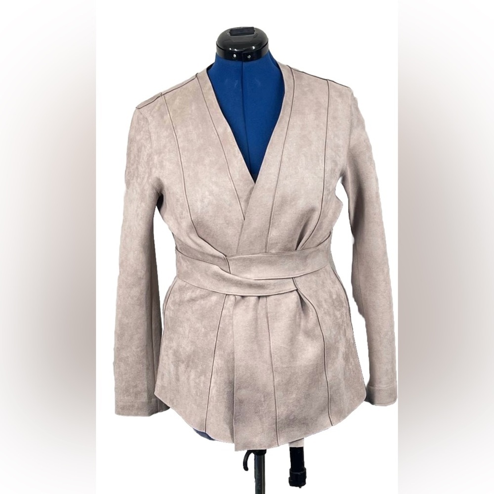 Fate Jacket Women Stretch Suede Microfiber Open Front Self-Tieβ Belt Large Taupe